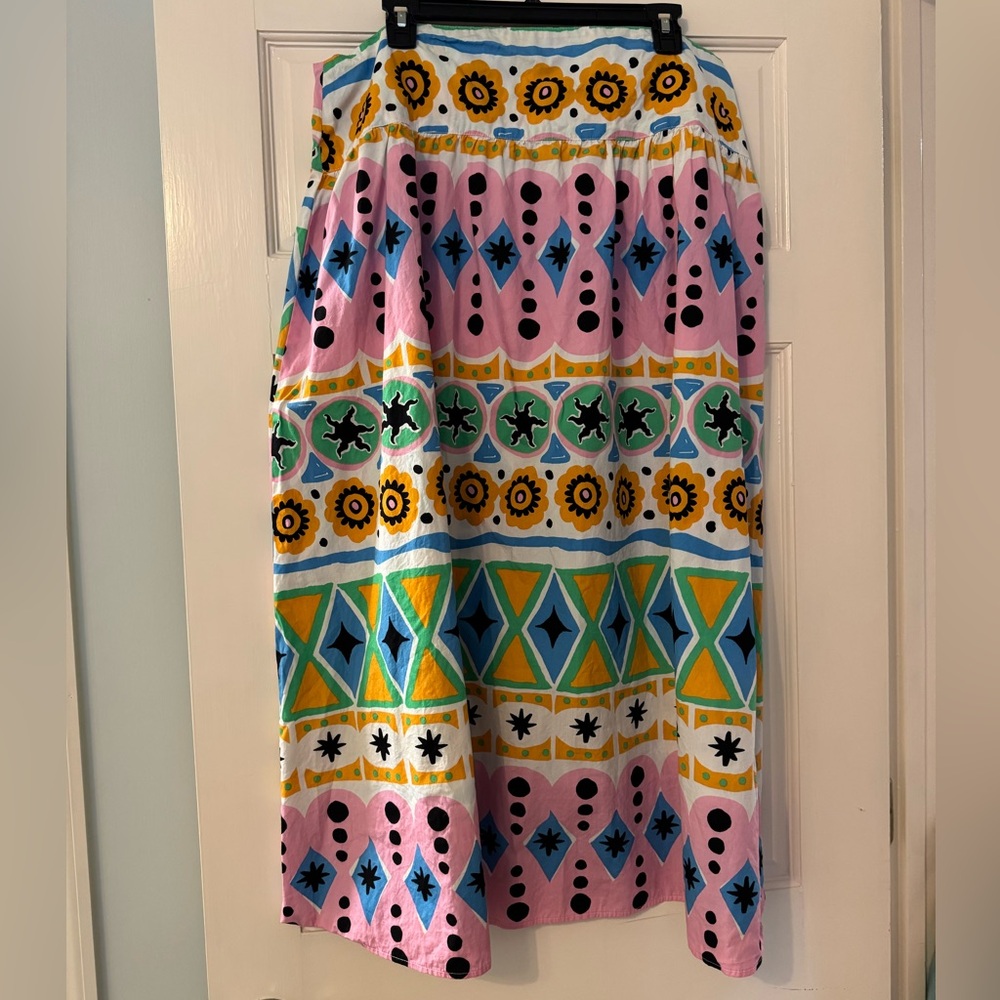Colorful Geometric Dropped Waist Cotton Poplin Patterned Maxi Skirt - Picture 3 of 6